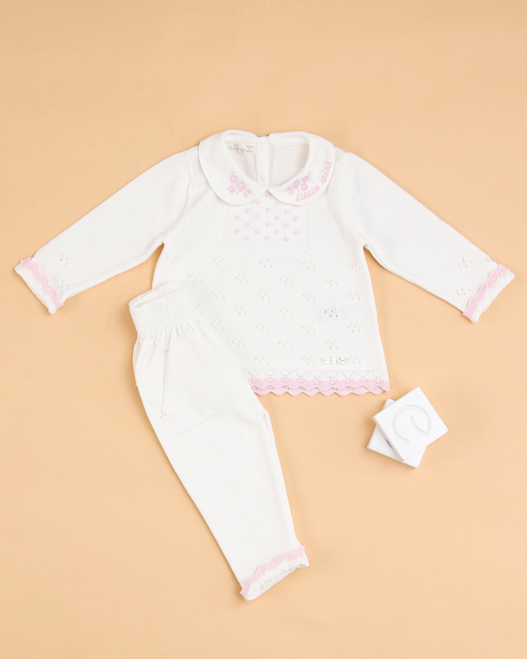 8426-WWP Girls White with Pink Knitted Trousers Set