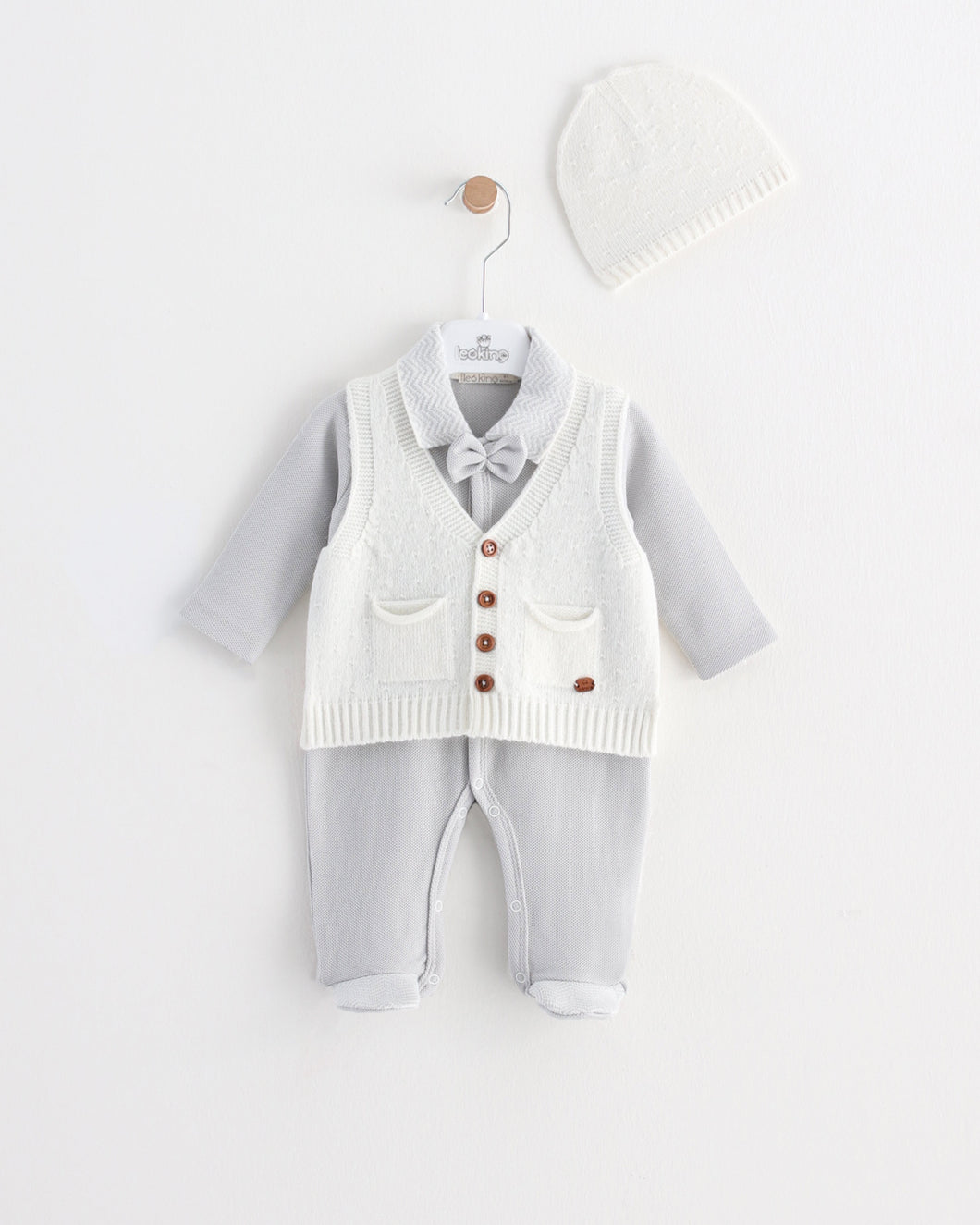 12711 Grey & White Newborn Babygrow with Waistcoat 3 pcs (Pack of 4)