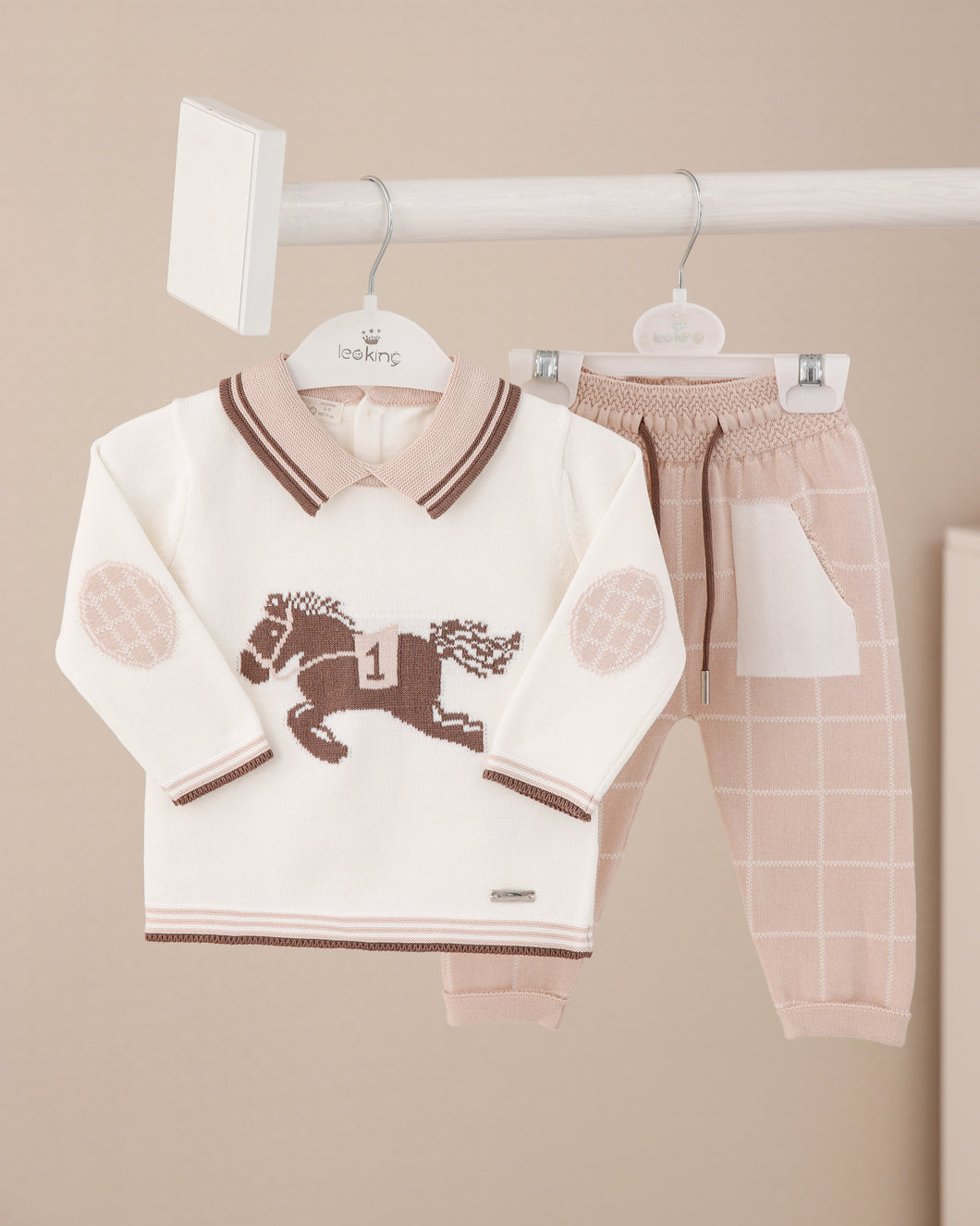 8352- Ivory with Beige Boys Knitted Trousers Set