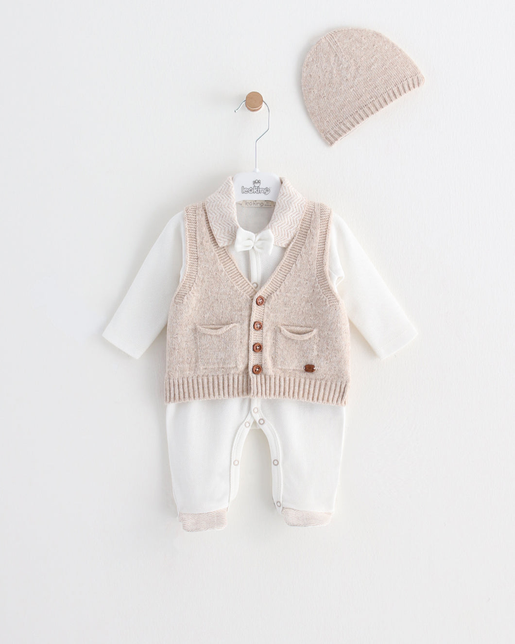 12711 White & Beige Newborn Babygrow with Waistcoat 3 pcs (Pack 4)