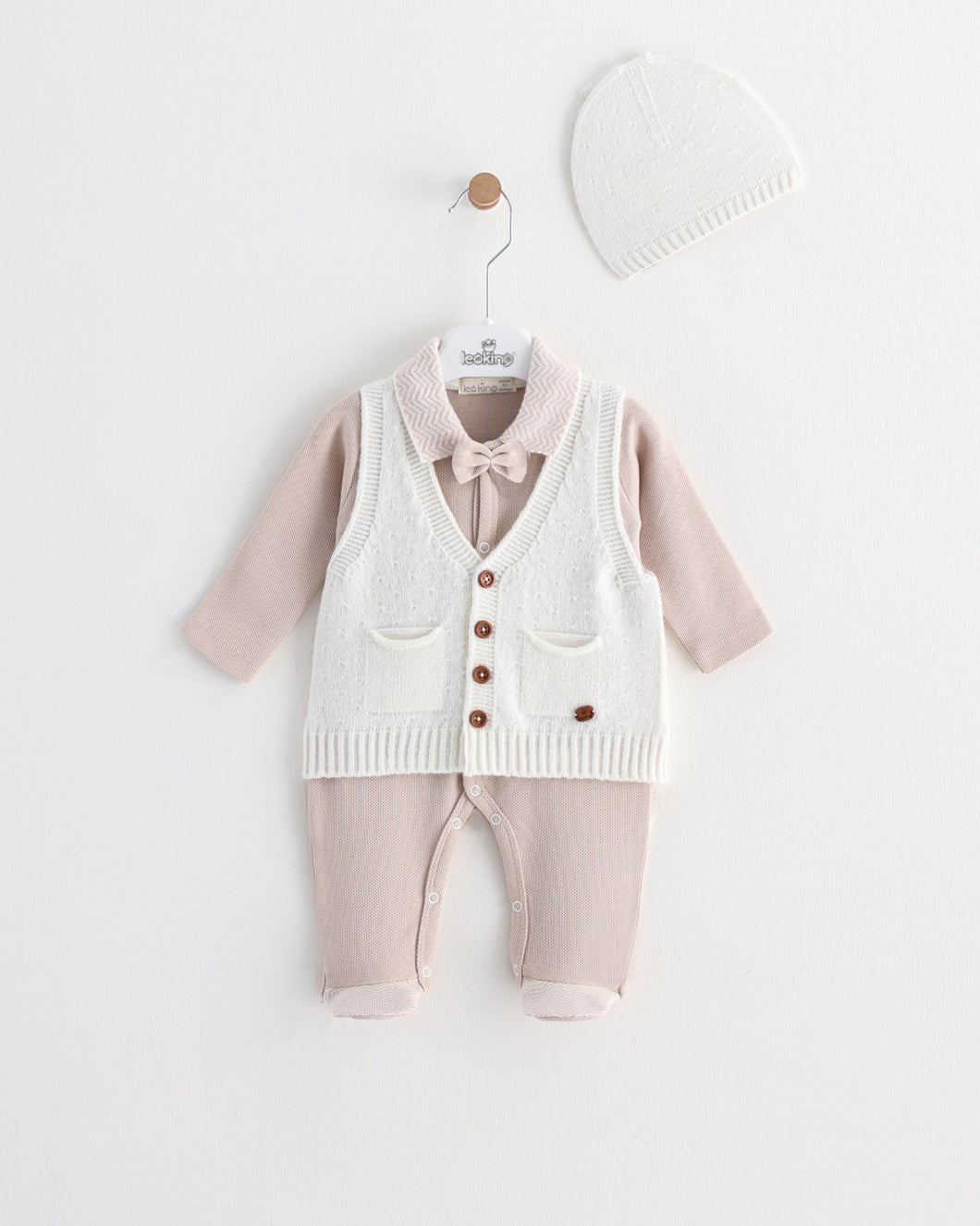 12711 Beige & White Newborn Babygrow with Waistcoat 3 pcs (Pack of 4)