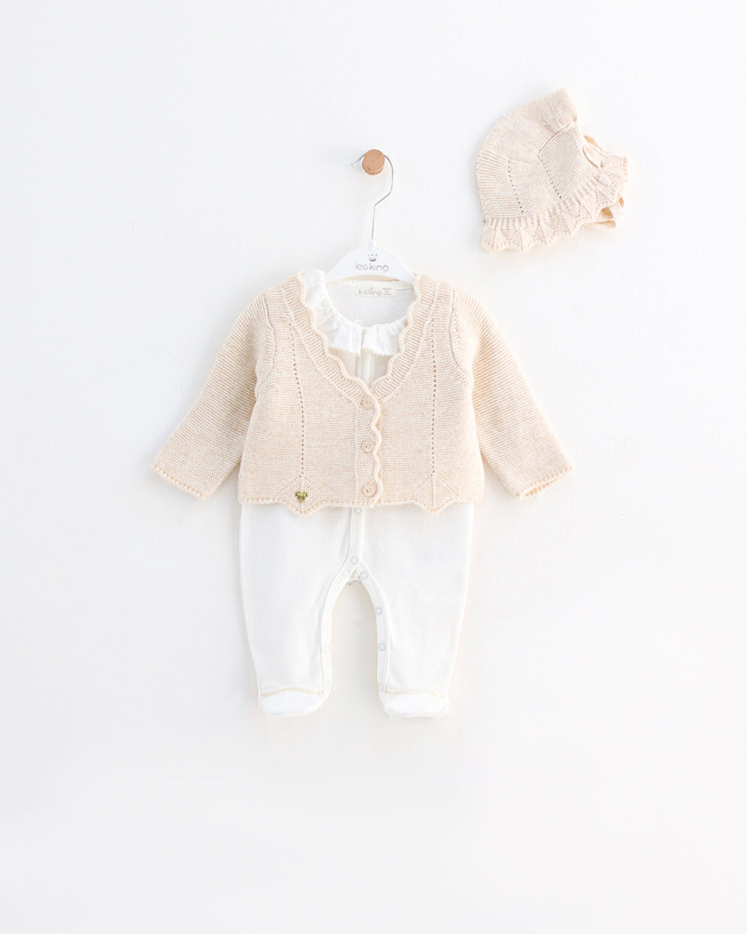 10712-PW  Beige with White Cardigan Knitted & Cotton Babygrow (Pack 3)