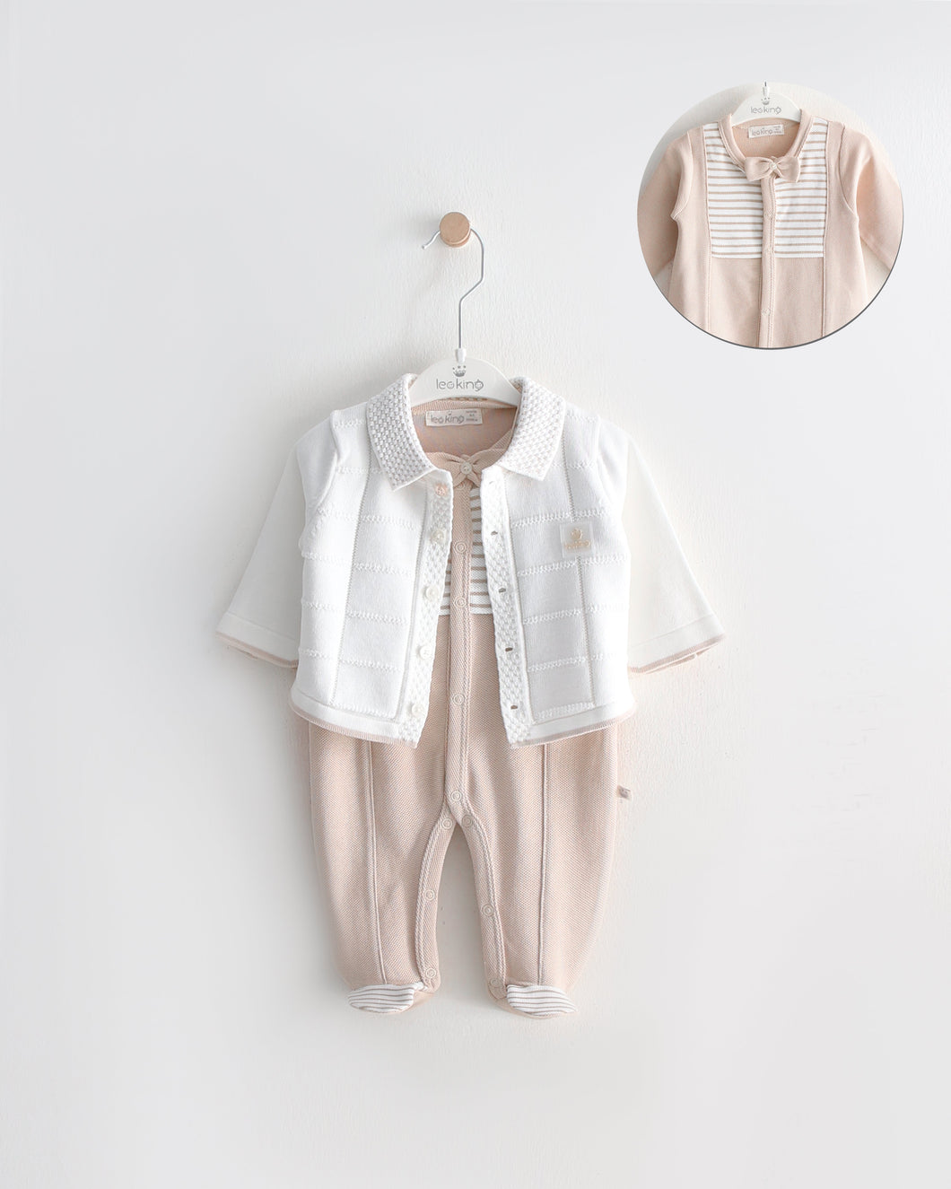 12719 White Knitted Romper with Beige Cardigan (Pack 4)