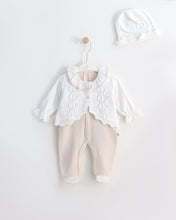 Cargar imagen en el visor de la galería, 12721 Beige with White Cardigan Knitted &amp; Cotton Babygrow (Pack4)
