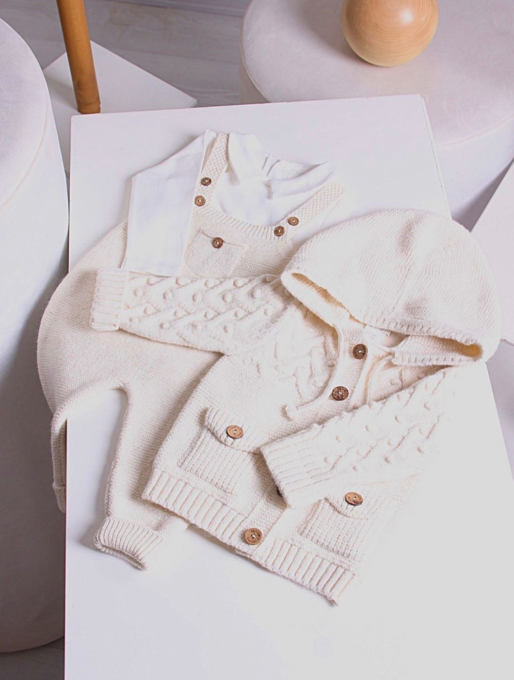 9557 Ivory Baby Boys Romper Set with Cardigan
