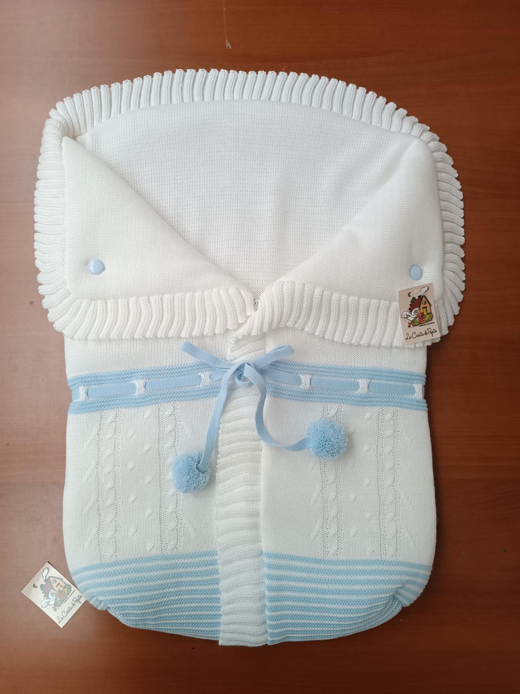 2985  White with Pale Blue Pompom Sleeping Bag