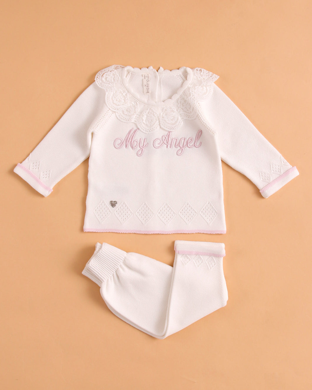 8435-w Girls White Knitted Trousers Set