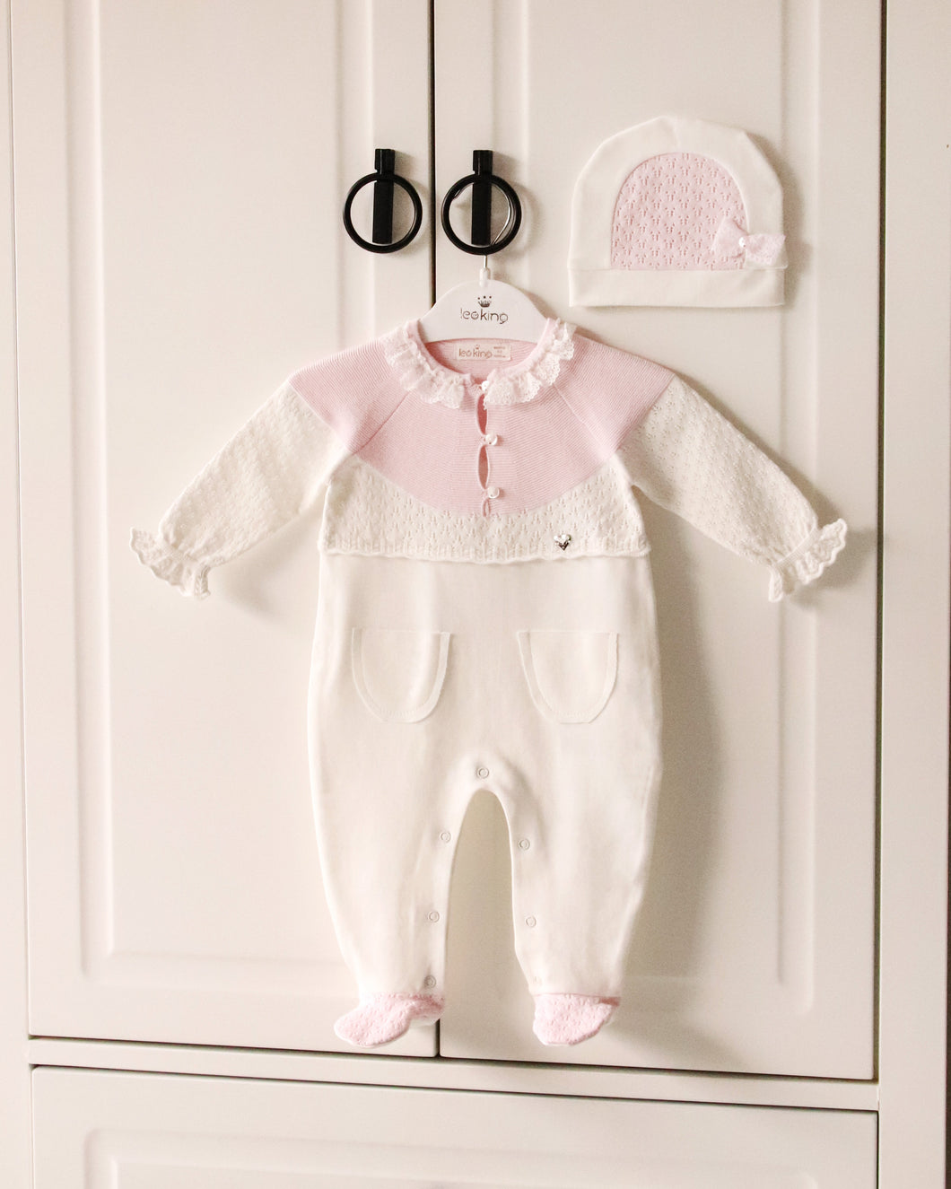 10725-White with Pink Knitted & Cotton Babygrow (Pack4)