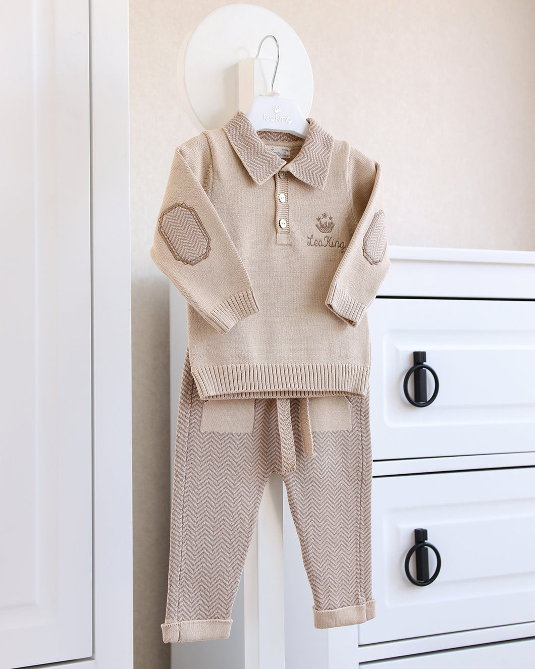 8356-C Boys Beige with Camel  Knitted Trousers Set