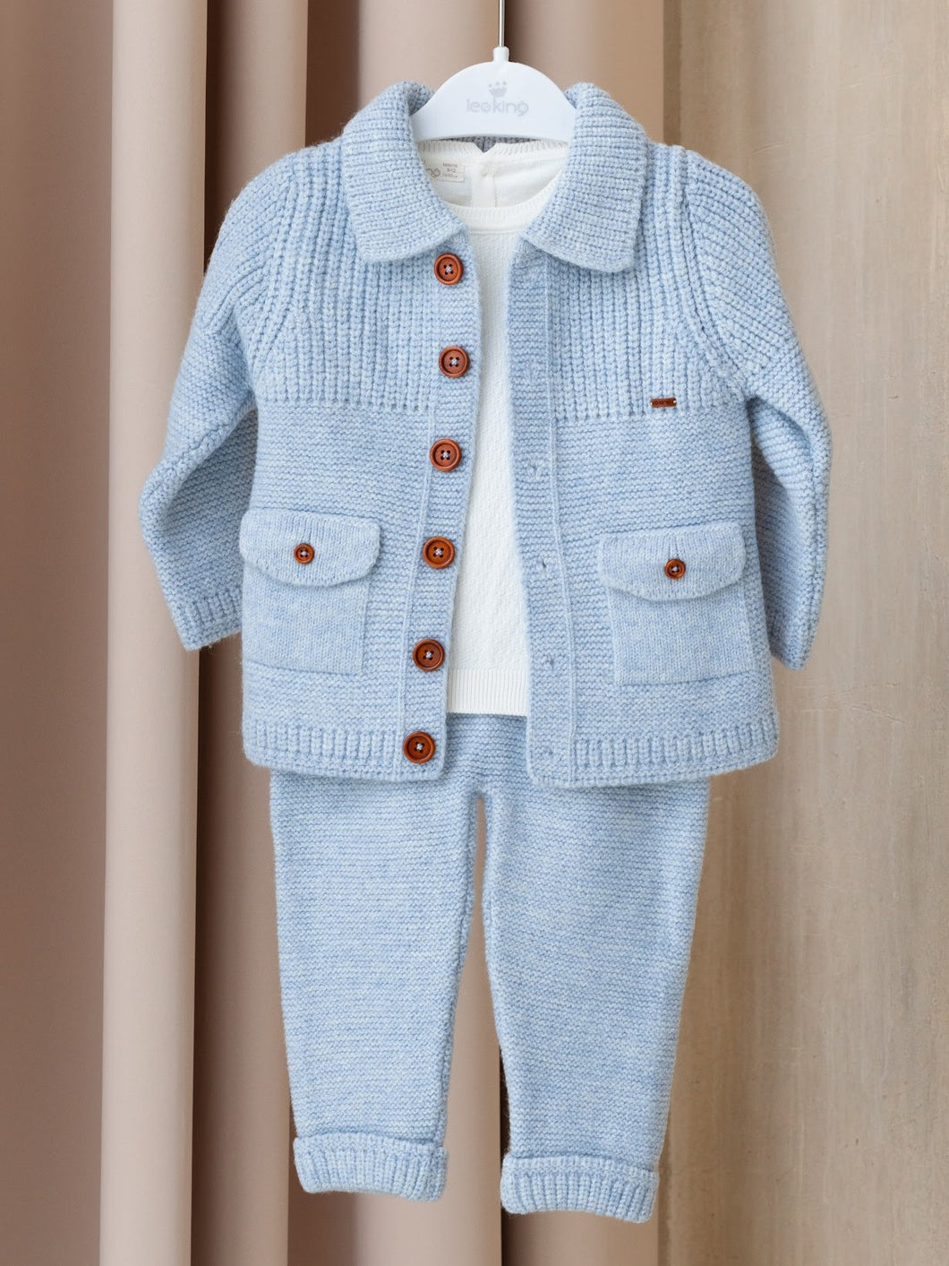 9552- Blue Boys Knitted Trousers 3pcs Set