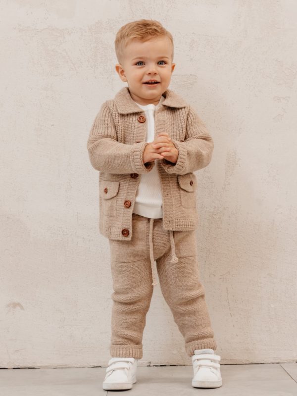 9552- Beige  Boys Knitted Trousers 3pcs Set